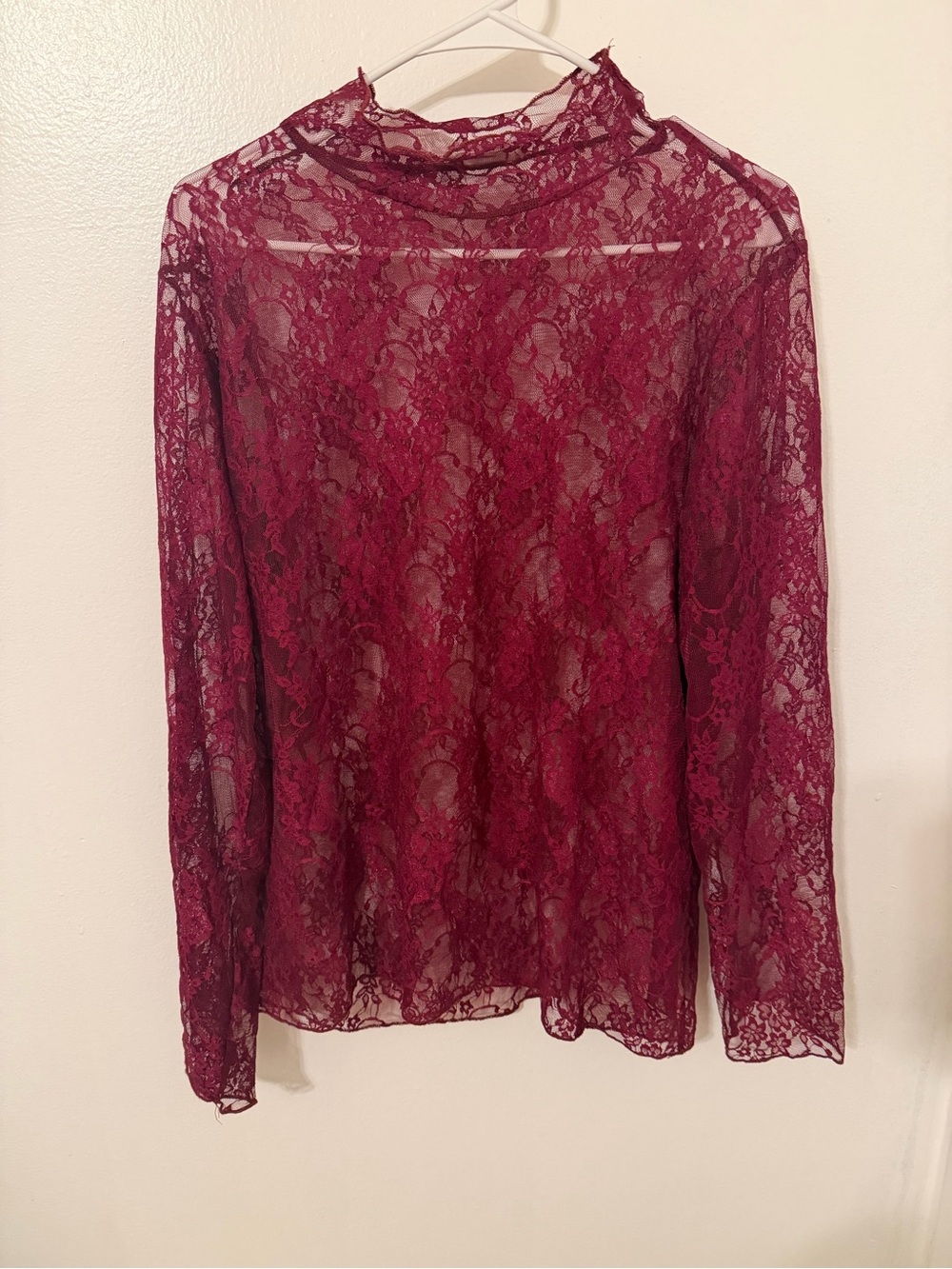 Women's Sheer Lace Long-Sleeve Blouse - Burgundy